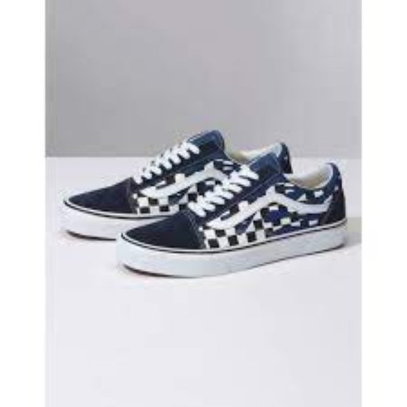 Vans Old Skool Checker Flame in Navy Blue Checker/True White Canvas Skate Shoes - Picture 9 of 16